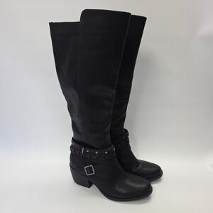 Knee High Western Heeled Boots Womens 9.5 Black Faux Leather Wide Calf Chunky